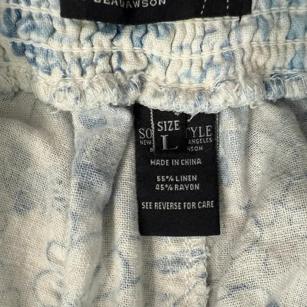 Beau Dawson Blue White Floral Linen Blend Wide Leg Tie Front Pants size L 10 12
